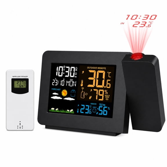 INSMART Projection Alarm Clock with Dual Wireless Sensors, Indoor Outdoor Thermometer Hygrometer, Weather Station with Barometric Pressure, 4-Level Dimmable Backlight