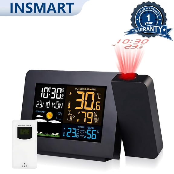 INSMART Projection Alarm Clock with Dual Wireless Sensors, Indoor Outdoor Thermometer Hygrometer, Weather Station with Barometric Pressure, 4-Level Dimmable Backlight