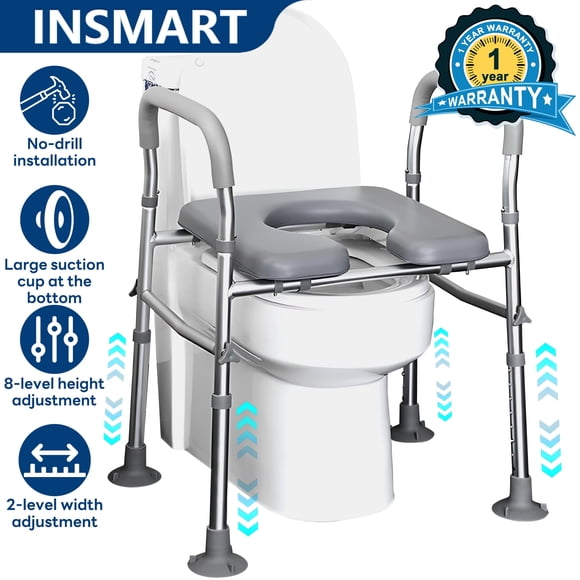 INSMART Raised Toilet Seat with Handles, 8 Height & 2 Width Adjustable, Supports 330lbs, Gray