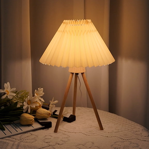 INSMART Table Lamp, Solid Wood Base Bedside Pleated Lamp, 3-Color Dimmable with Remote Control, Timer Function, USB Night Light for Bedroom, Living Room and Office