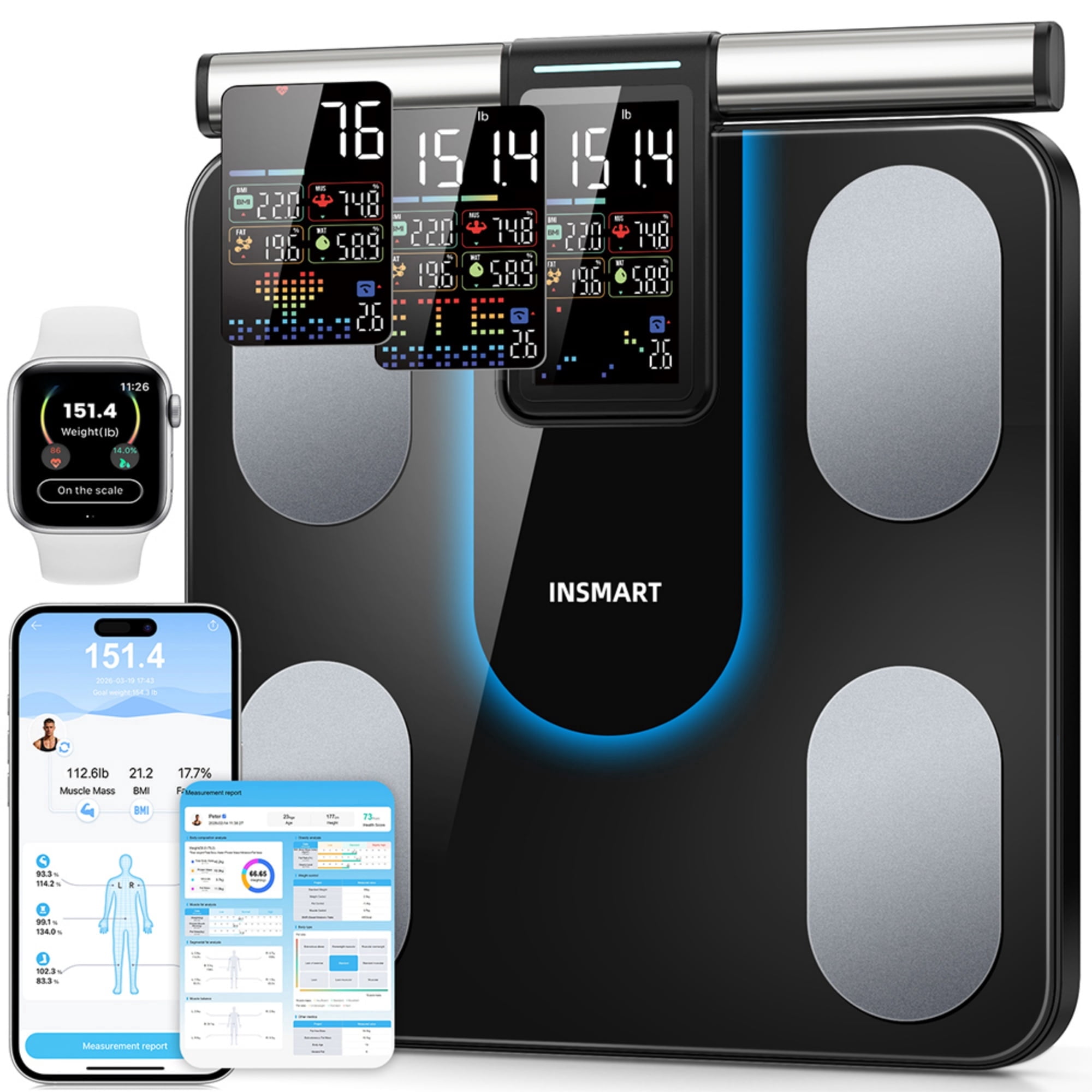INSMART Smart Scale for Body Weight, 8 Electrode Body Fat Scale, 51 Body Data with Bluetooth, Digital Weight Scale with Color Screen for Home Health