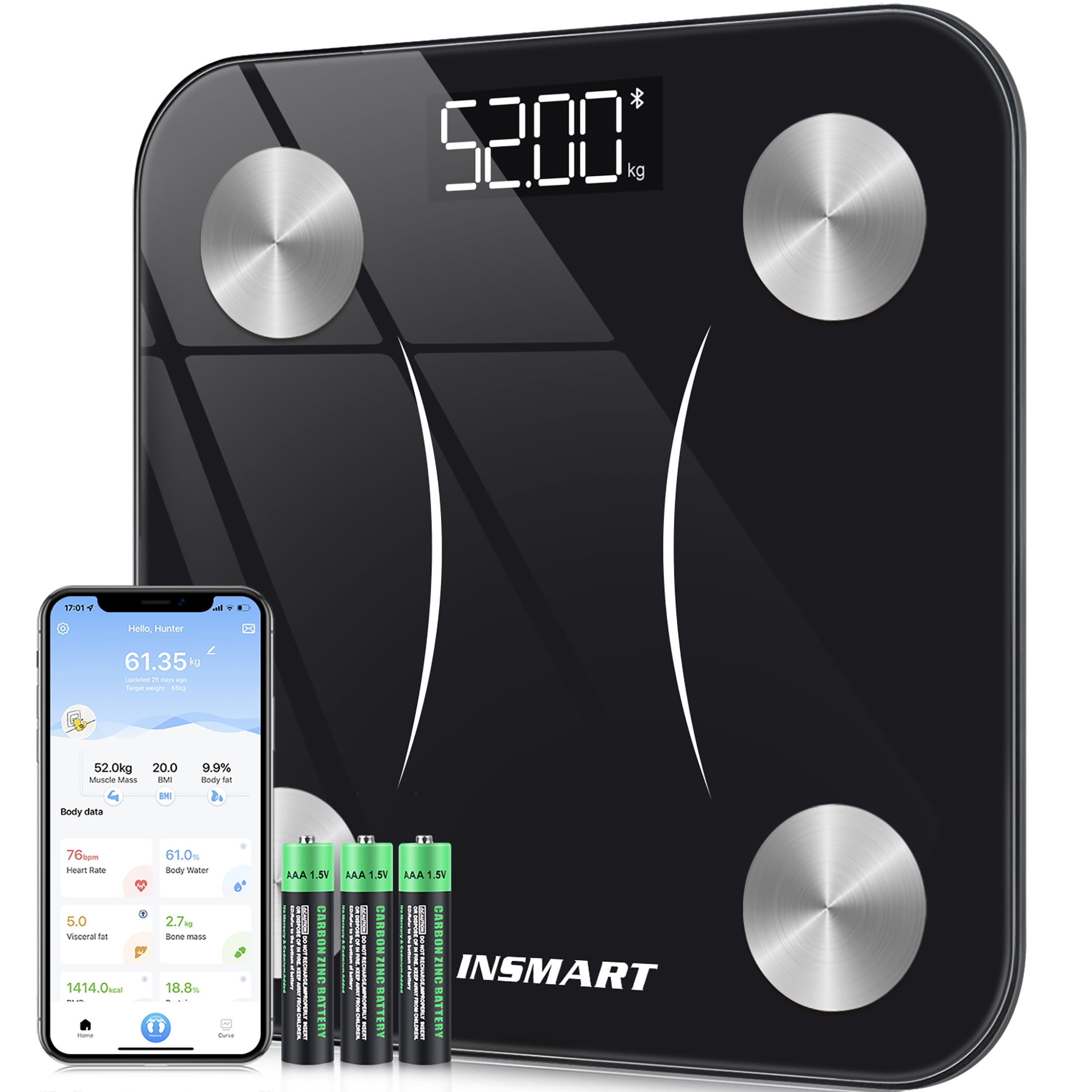 INSMART Scales for Body Weight,Bluetooth Smart Scale with App Track Weight,  BMI, Body Fatwith Smartphone App 400 Lbs, Black 