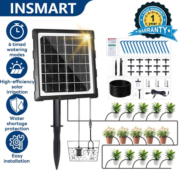 INSMART Solar Automatic Drip Irrigation Kit System, 6 Timer Modes, 50-Day Battery, Drip Irrigation Kit for Outdoor Plants with 787.4" Hose