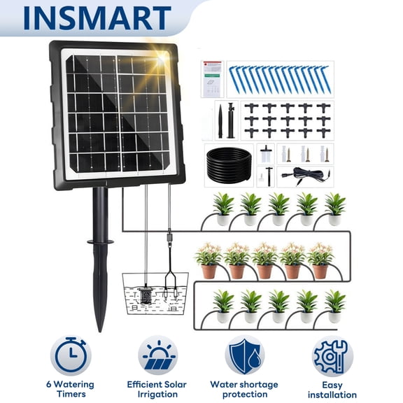 INSMART Solar Drip Irrigation Kit,Automatic Watering System,Solar-Powered Plant Watering, 6 Timer Modes, 400ml/min Flow Indoor/Outdoor Garden, Balcony & Patio Irrigation System