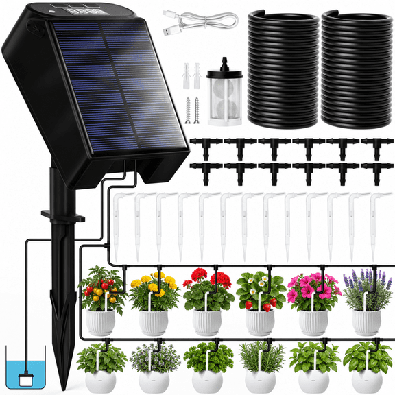 INSMART Solar Drip Irrigation Kit with Timer, 15 Drippers, 49.2 ft Tubing, 2000mAh Battery, Automatic Watering for Potted Plants