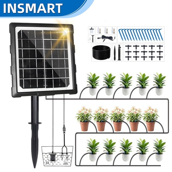 INSMART Solar Automatic Drip Irrigation System, Outdoor Plant Watering Kit, 6 Timing Modes, Anti-Siphoning, Solar Powered Watering Device for Potted Plants