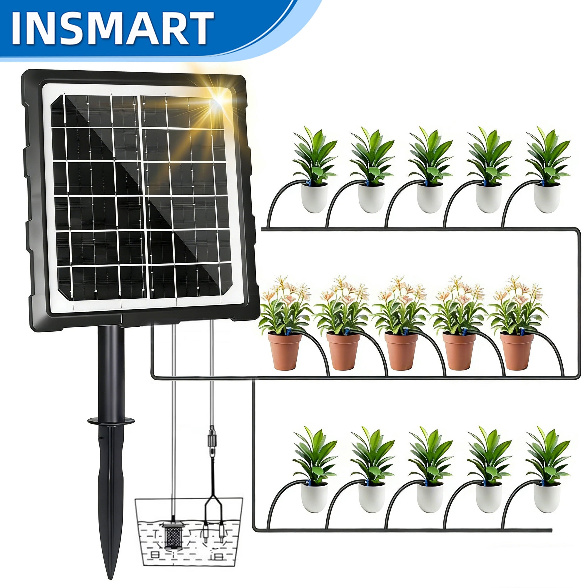 INSMART Solar Automatic Drip Irrigation Kit, Outdoor Plant Drip Watering System, 6 Timing Modes, Solar Powered Watering Device for Pots Plants