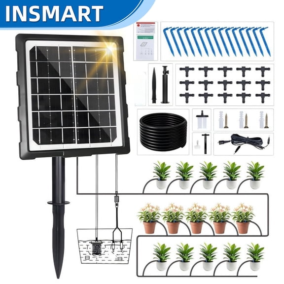 INSMART Solar Automatic Drip Irrigation System, Outdoor Plant Watering Kit, 6 Timing Modes, Anti-Siphoning, Solar Powered Watering Device for Potted Plants