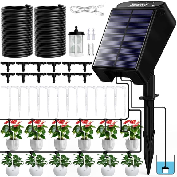 INSMART Solar Drip Irrigation Kit, Automatic Watering System with Timer, Anti-Siphon Valve &15 Drippers, Water Saving for Garden Balcony Potted Plants