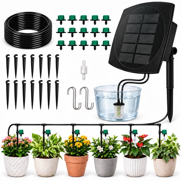 INSMART Solar Drip Irrigation Kit, Automatic Watering System with Timer, 15 Drippers for Potted Plants, Garden and Greenhouse