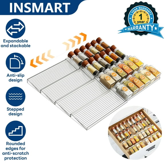 INSMART Spice Drawer Organizer for Kitchen,4-Tier Expandable Drawer Spice Rack Organizer(11-22in Adjustable,Slope Design) for Drawer/Countertop,Clear