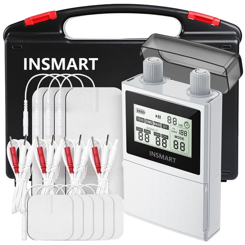 INSMART TENS Unit Rechargeable Muscle Stimulator EMS 4 Channels with 10 Reusable Electrode Pads 60 Modes 30 Intensities for Back Neck Pain Muscle Therapy Pain Management Pulse Massager (DIY)