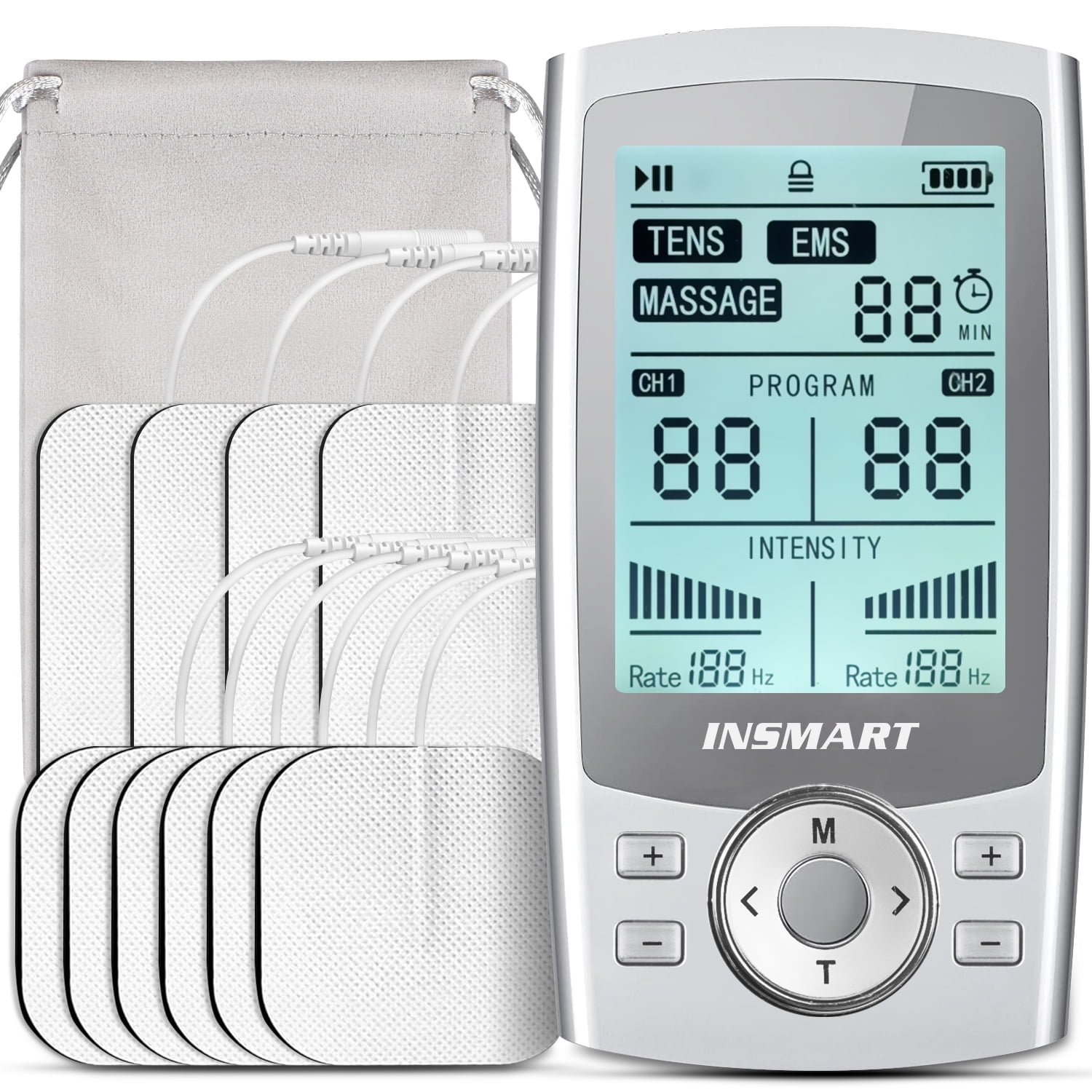 INSMART TENS Unit Rechargeable Muscle Stimulator EMS Dual Channel with 10 Reusable Electrode Pads 60 Modes for Back Neck Pain Muscle Therapy Pain Management Pulse Massager (Upgrade)