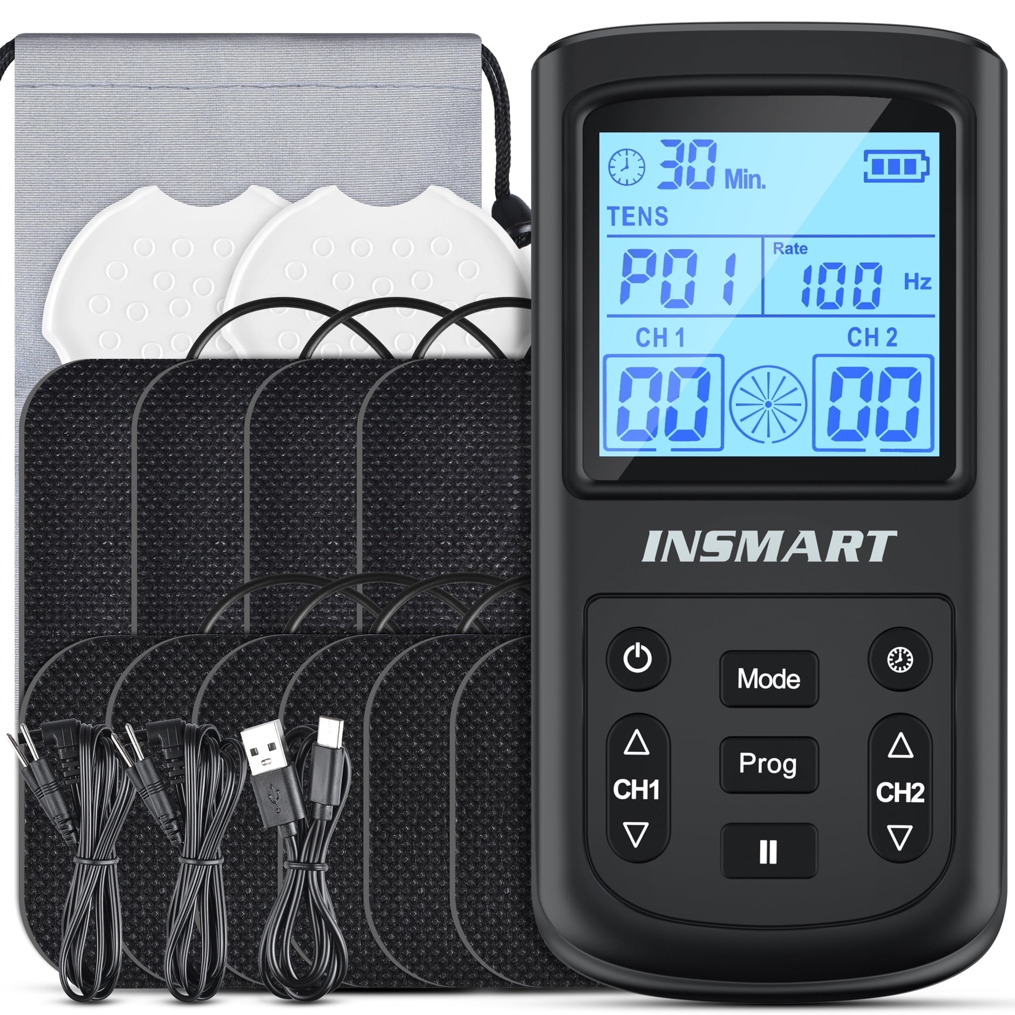 INSMART TENS Unit Rechargeable Muscle Stimulator-Electrode Wireless Massager EMS Dual Channel with 10 Reusable Electrode Pads 28 Modes for Back Neck Pain Muscle Therapy Pulse Massager(All-New)