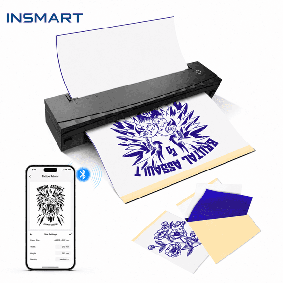 INSMART Tattoo Stencil Printer Machine, Wireless Thermal Printer, Portable Tattoo Printer Kit with 20 Pcs Transfer Paper, Bluetooth Compatible with iOS, Android, Laptop
