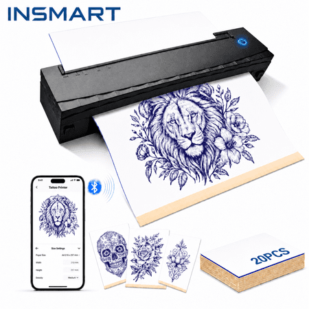 INSMART Tattoo Stencil Printer Wireless 203DPI with 20 Transfer Papers, Portable Bluetooth Thermal Printer for iOS Android Windows Laptop