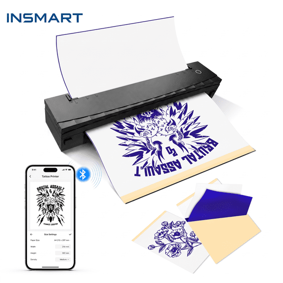 INSMART Tattoo Stencil Printer Machine, Wireless Thermal Printer, Portable Tattoo Printer Kit with 20 Pcs Transfer Paper, Bluetooth Compatible with iOS, Android, Laptop