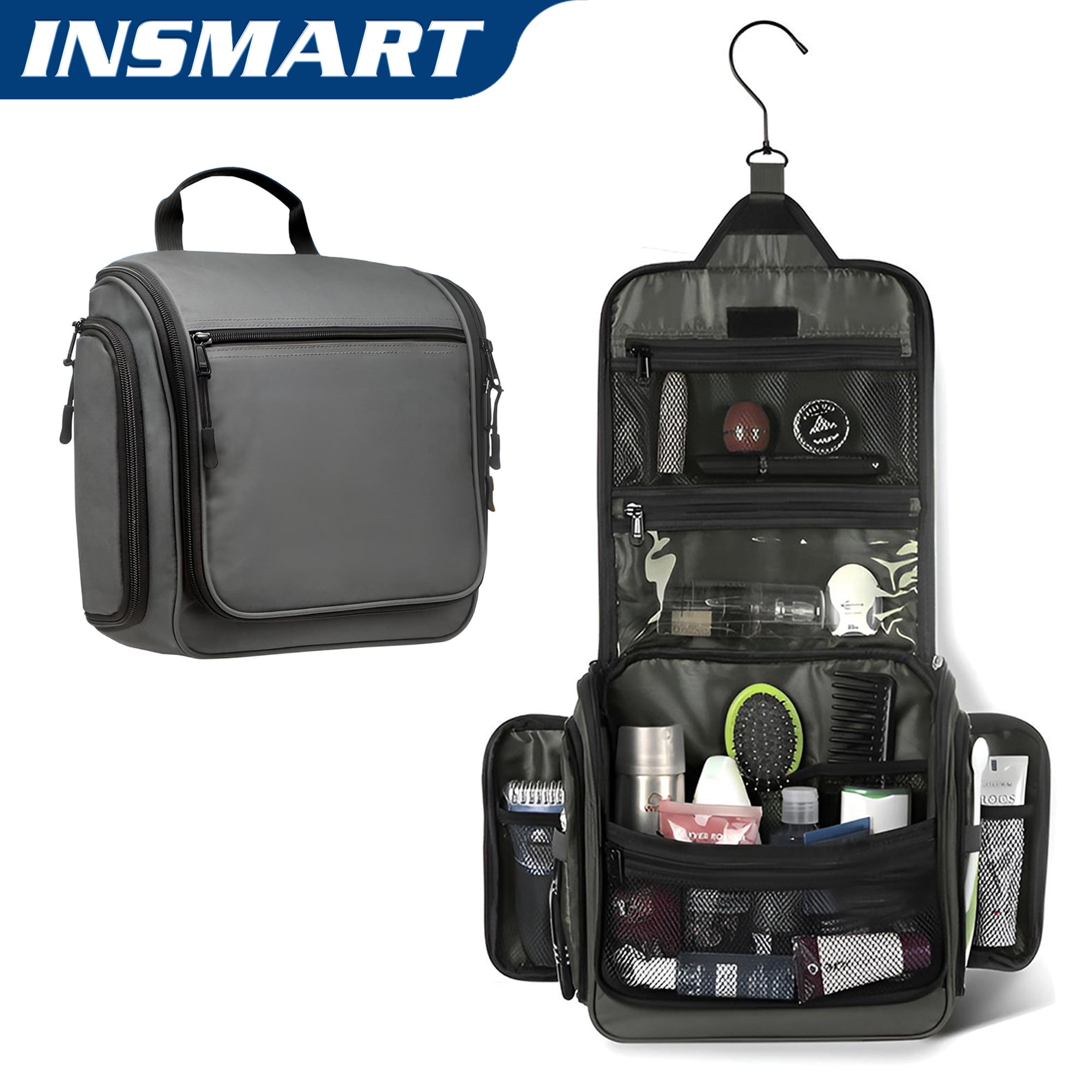 INSMART Travel Toiletry Bag for Men and Women, Waterproof Large Capacity Makeup Bag, Hanging Foldable Makeup Organizer, Full-Size Containers