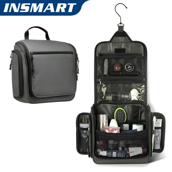 INSMART Travel Toiletry Bag for Men and Women, Waterproof Large Capacity Makeup Bag, Hanging Foldable Makeup Organizer, Full-Size Containers