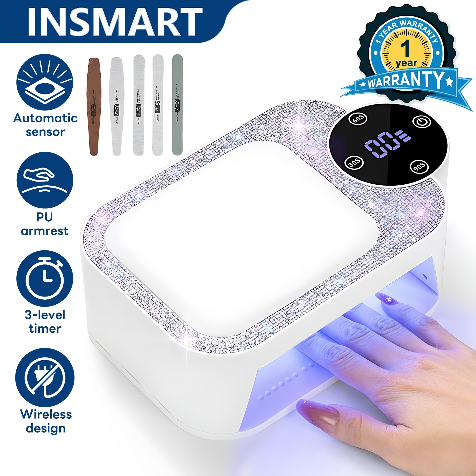 INSMART UV LED Nail Lamp, Rechargeable Nail Dryer for Gel Polish, 3 Timers, 30 Lamp Beads and Automatic Sensor for Manicure Salon and Home