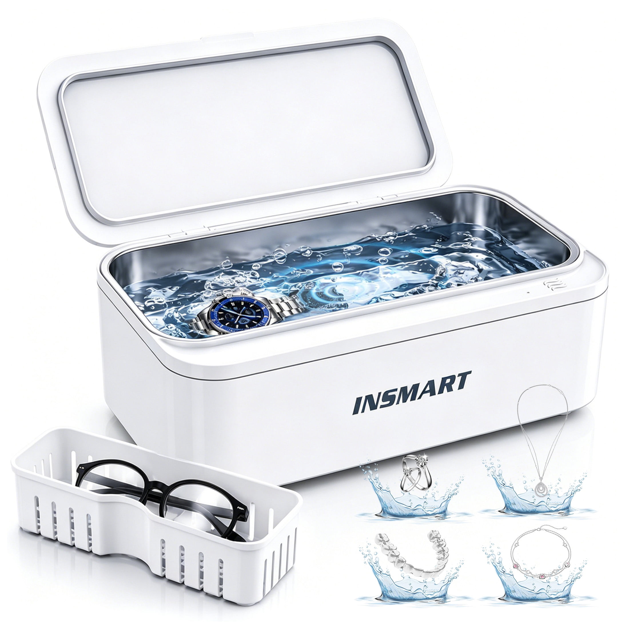 INSMART Ultrasonic Jewelry Cleaner, 45kHz Gentle 360° Cleaning with 450ml Stainless Steel Tank, Quiet & Portable for Jewelry, Glasses, Retainer, Dentures