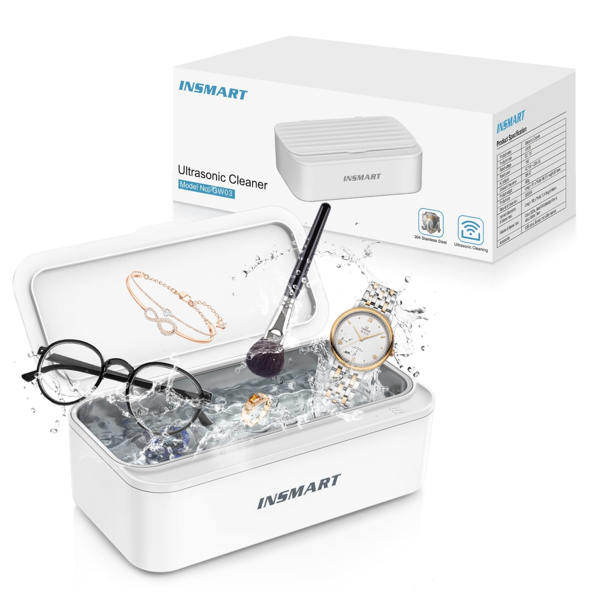 INSMART Ultrasonic Jewelry Cleaner, 45kHz Gentle 360 Cleaning with 450ml Stainless Steel Tank, Quiet & Portable for Jewelry, Glasses, Retainer, Dentures