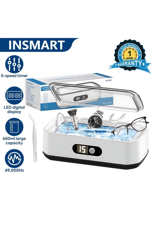Ultrasonic Cleaner 650ml 49,000Hz with LED Display, 5 Timer Modes & 4.92" Tweezers for Jewelry, Glasses, Watches, Dentures