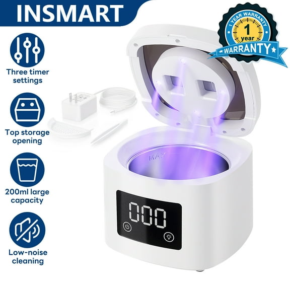 INSMART Ultrasonic Cleaner for Dentures, Retainers, Aligners, Toothbrush Heads & Makeup Brushes, UV Mode, 200ML Tank, Quiet 45dB