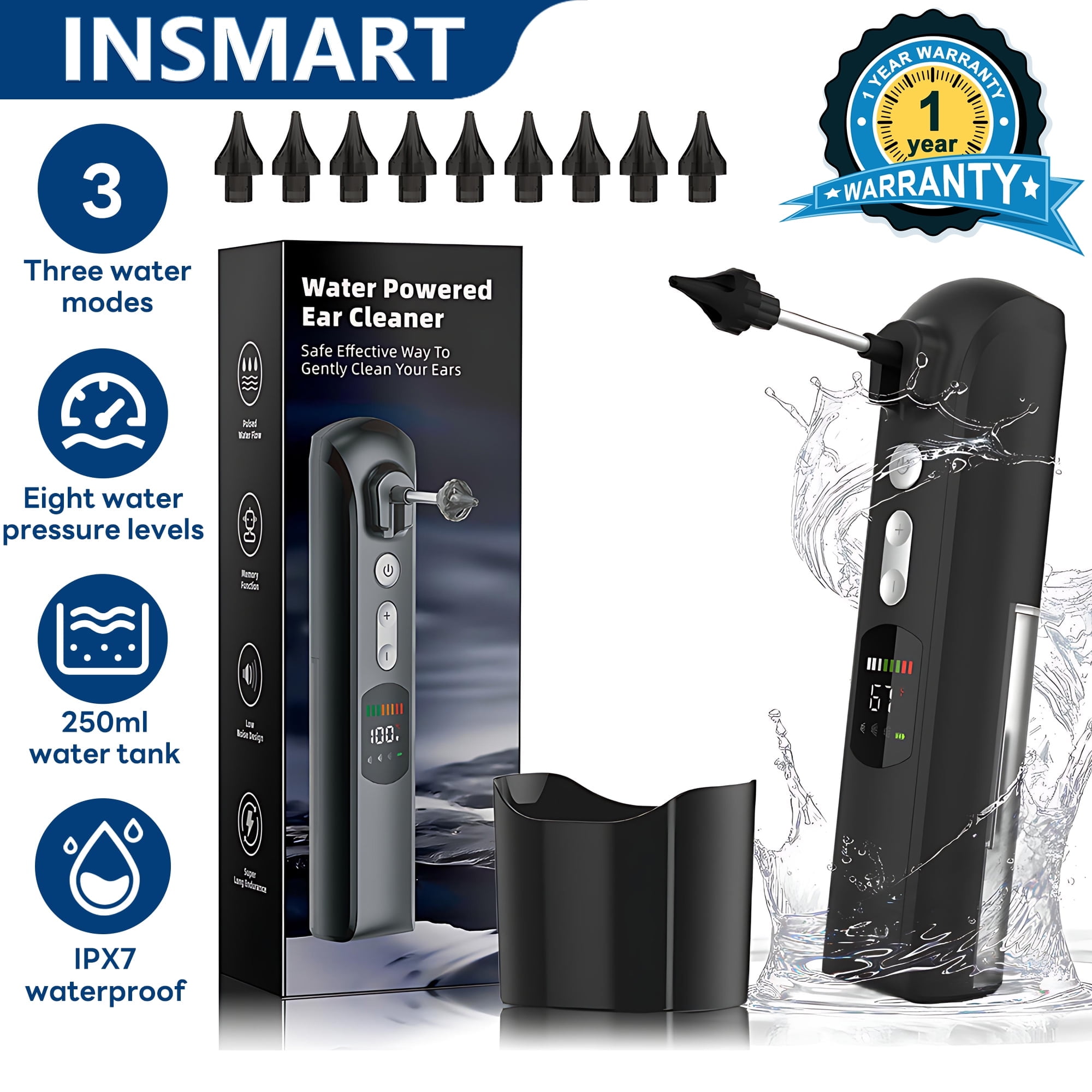 INSMART Electric Ear Wax Removal 8 Pressure Levels, Temp Monitor, 10 Nozzles, Waterproof & Rechargeable for Routine Use