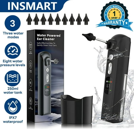 INSMART Electric Ear Wax Removal – 8 Pressure Levels, Temp Monitor, 10 Nozzles, Waterproof & Rechargeable for Routine Use