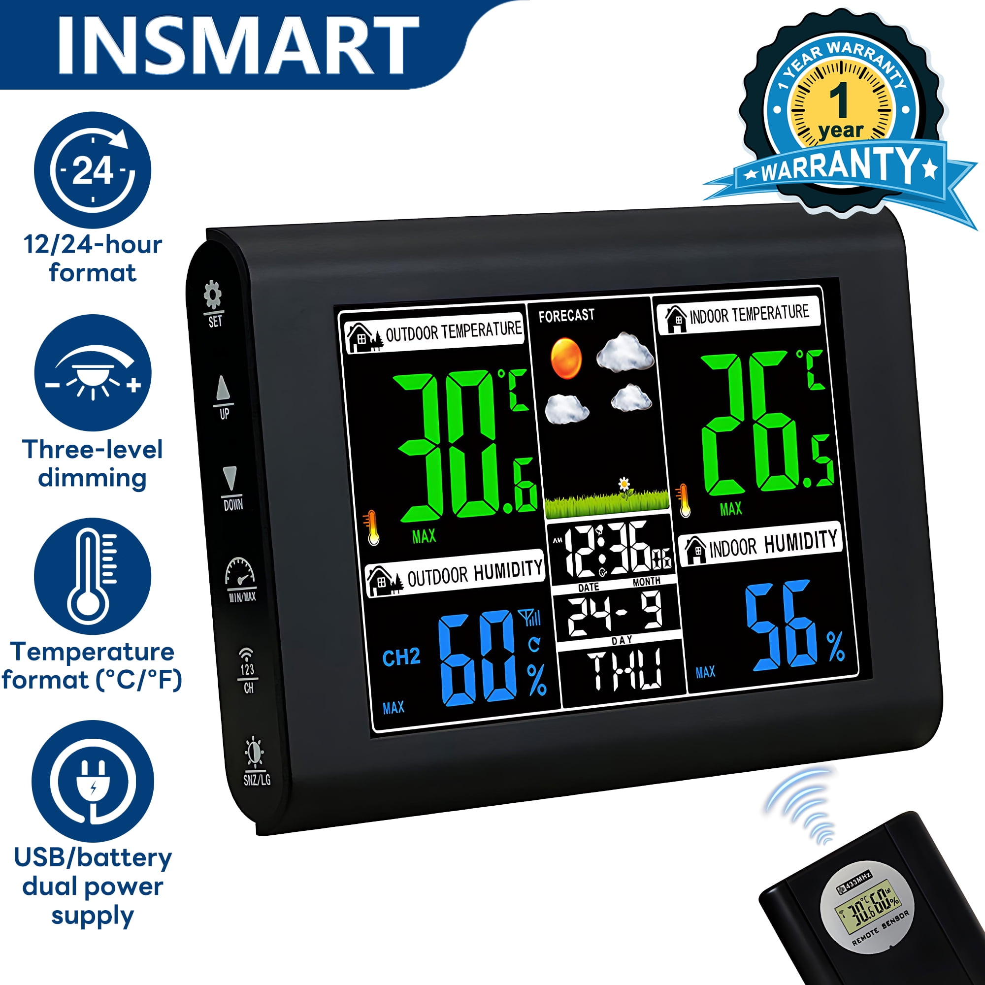 INSMART Weather Station Wireless Indoor Outdoor Thermometer,Color Display Digital Weather Thermometer with Atomic Clock 3 Sensor Support, LED Backlight,Black