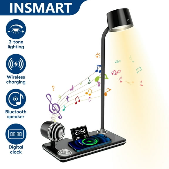 INSMART Wireless Charging Desk Lamps for Home Office,4-in-1 LED Bedside Lamp with 15W Fast Charger,Bluetooth Speaker,Digital Clock,360° Adjustable,3 Lighting Mode, Black
