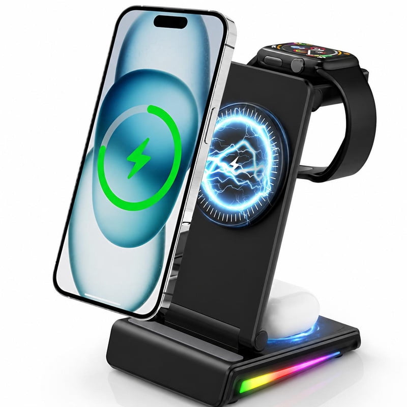 INSMART Wireless Charging Station for iPhone,5 in 1 Foldable Magnetic Charging Stand with Digital Clock,Temp Display,15W Fast Charger,RGB Colorful Lights,for Ho