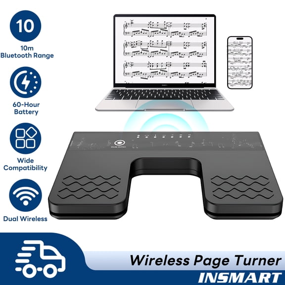 INSMART Wireless Page Turner, Bluetooth 5.0 & 2.4GHz Dual Mode Foot Pedal, Hands-Free Page Turning for Musicians, Compatible with iPad, Tablets, Phones, Rechargeable