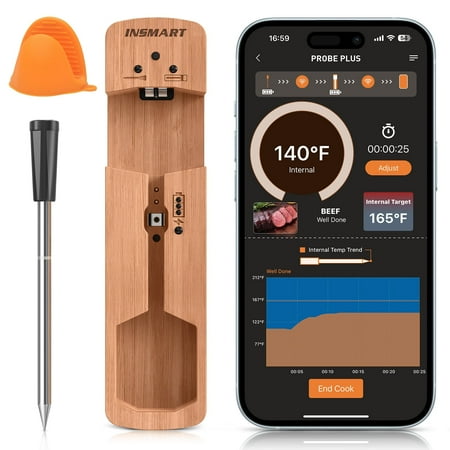 INSMART Wireless Smart Meat Thermometer,330FT Bluetooth Range,100% Waterproof,Precision Cooking Grilling,Multi Sensors,for BBQ,Oven,Grill,Kitchen,Smoker, Rotisserie Turkey Beef/iOS & Android App