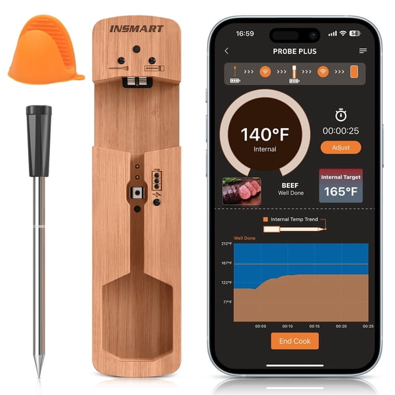 INSMART Wireless Smart Meat Thermometer,330FT Bluetooth Range,100% Waterproof,Precision Cooking Grilling,Multi Sensors,for BBQ,Oven,Grill,Kitchen,Smoker, Rotisserie Turkey Beef/iOS & Android App