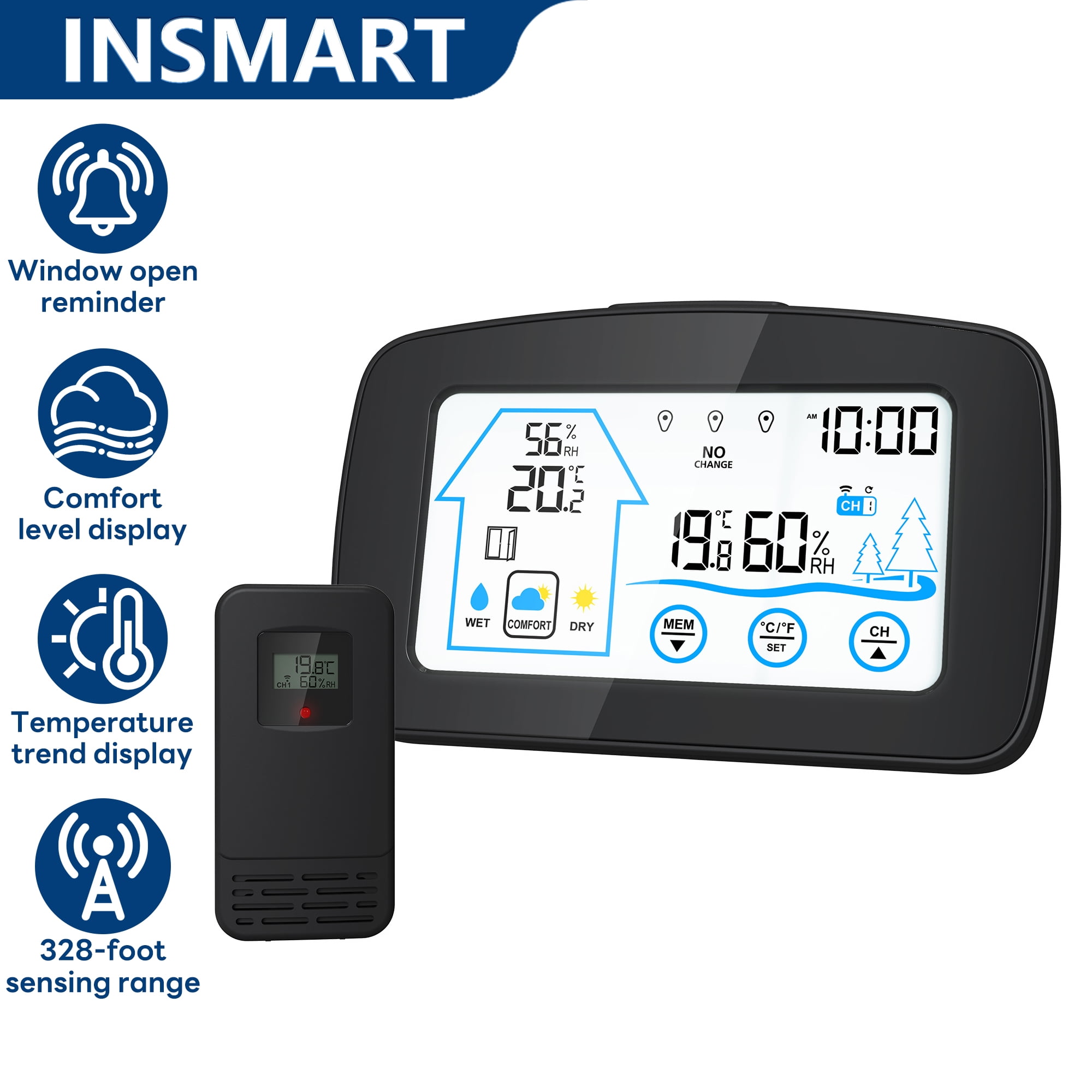 INSMART Wireless Weather Station with Sensor Atomic Clock,Wireless Indoor Outdoor Thermometer Hygrometer with Open Window Alert,Humidity Gauge,Black