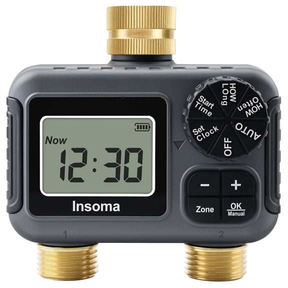 INSOMA 2-Zone Sprinkler Timer, Programmable Garden Hose Timer with Auto/Manual/Rain Delay Modes, Water-Saving Irrigation Controller for Lawn, Yard & Drip Systems, Waterproof Design, Easy Setup, Brass