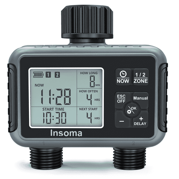 INSOMA Programmable Water Hose Timer with 2 Independent Zones, Rainproof Irrigation Controller w/ Rain Delay, Child Lock & Large LCD, for Garden, Lawn & Greenhouse Automatic Watering