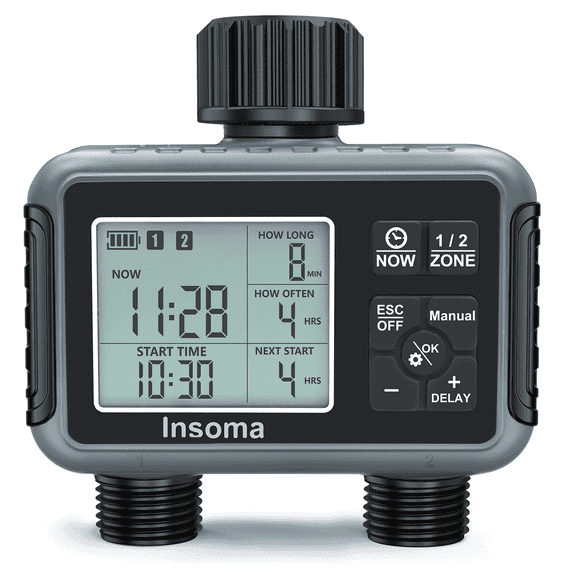 INSOMA  Programmable Water Hose Timer with 2 Independent Zones, Rainproof Irrigation Controller w/ Rain Delay, Child Lock & Large LCD, for Garden, Lawn & Greenhouse Automatic Watering