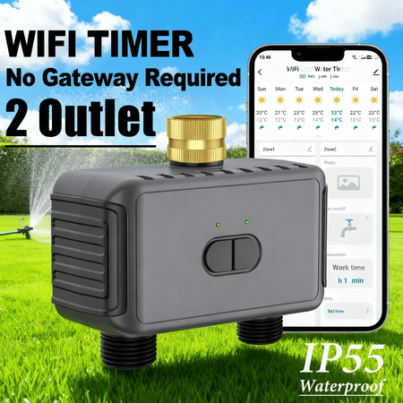 INSOMA 2 ZONE Smart WiFi Watering Timer, with APP Control, Rain Delay, IP55 Waterproof Sprinkler Timer for Lawn, Garden, Greenhouse, 3/4" Faucet