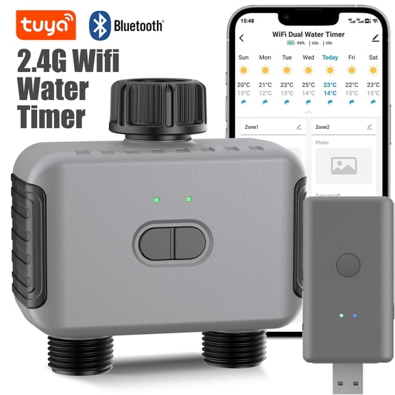 INSOMA WiFi Water Timer for Garden Hose with Plastic Inlet & Outlet, Smart Hose Timer with USB WiFi Hub, APP & Voice Control, 2-Zone Sprinkler Drip Irrigation System Controller for Yard Lawn Watering