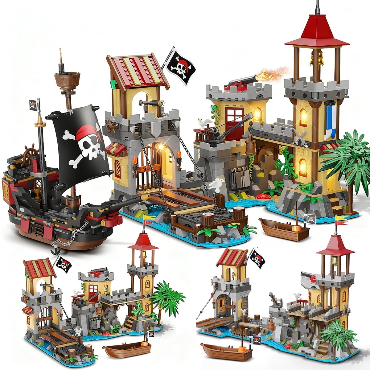 INSOON 1502 Piece Pirate Castle Building Set with LED Lights 3 Modes Transformable Ship Bay Model for Adults Teens Kids 10