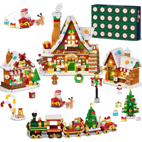 INSOON Christmas Advent Calendar Building Set, 1962PCS Gingerbread House Christmas Village Building Blocks with LED Lights