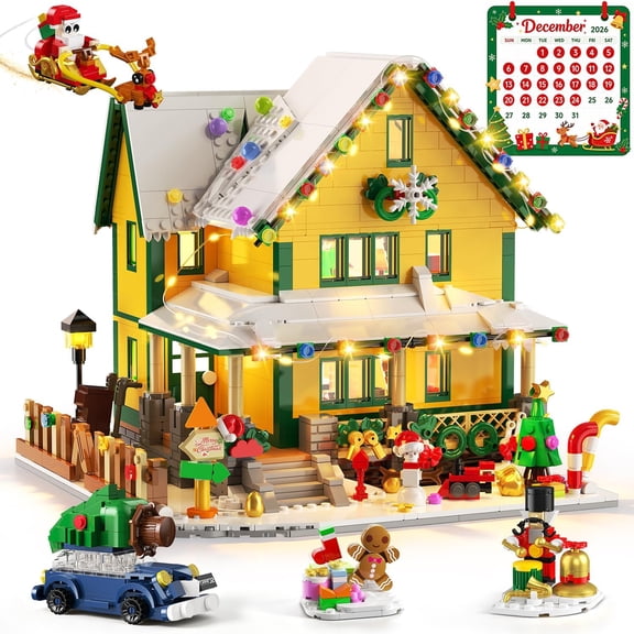 INSOON Christmas Countdown House Building Blocks Set with LED Light Winter Cabin Holiday Advent Calendar Building Kit, DIY STEM Toy for Kids Ages 8+
