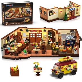 TERRAMUS City Street Pizza Restaurant Building Set with LED Lights, 1098PCS Italian Pizzeria Building Blocks with Retro Pizza Van Brick Oven Dining Area Street House Toys for Boys Grils Age 10+