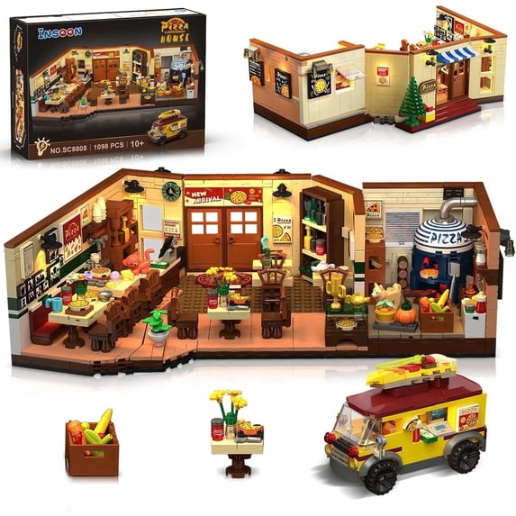 TERRAMUS City Street Pizza Restaurant Building Set with LED Lights, 1098PCS Italian Pizzeria Building Blocks with Retro Pizza Van Brick Oven Dining Area Street House Toys for Boys Grils Age 10+