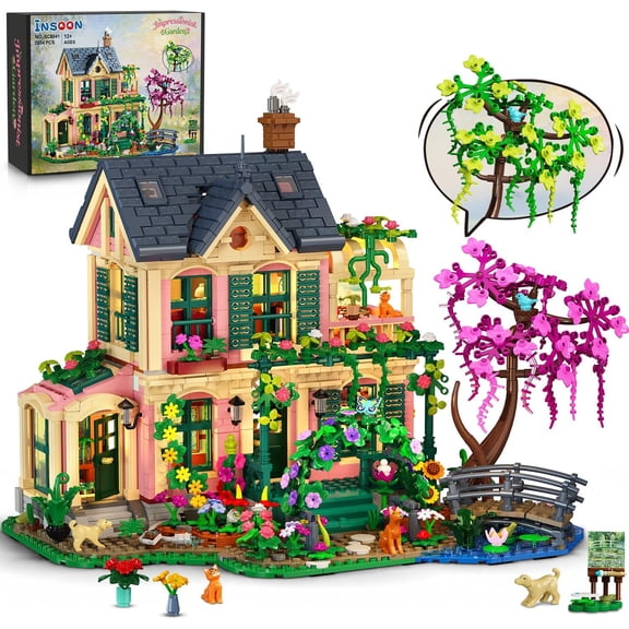 INSOON Garden House Building Set with LED Lights, 2034PCS European Villa Building Blocks Kit with Botanical Flower Garden, Miniature House Model Home Decor for Adults