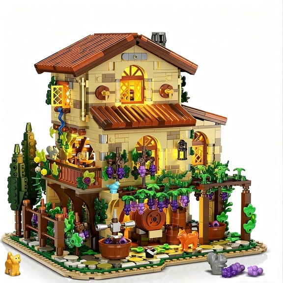 Building Block Set 1826 PCS Vineyard House with Lights, Wine Castle Model Kit, Creative Construction Toy for Adults Teens Boys Girls