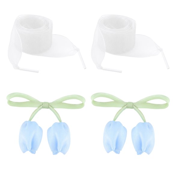 INSPIRE CHIC 1 Pair Chiffon Shoelaces with 4 Tulip Shoe Charms, 47.2" Flat Ribbon Strings for Sneaker Blue Tulip+White Snow 2.5cm/0.98"